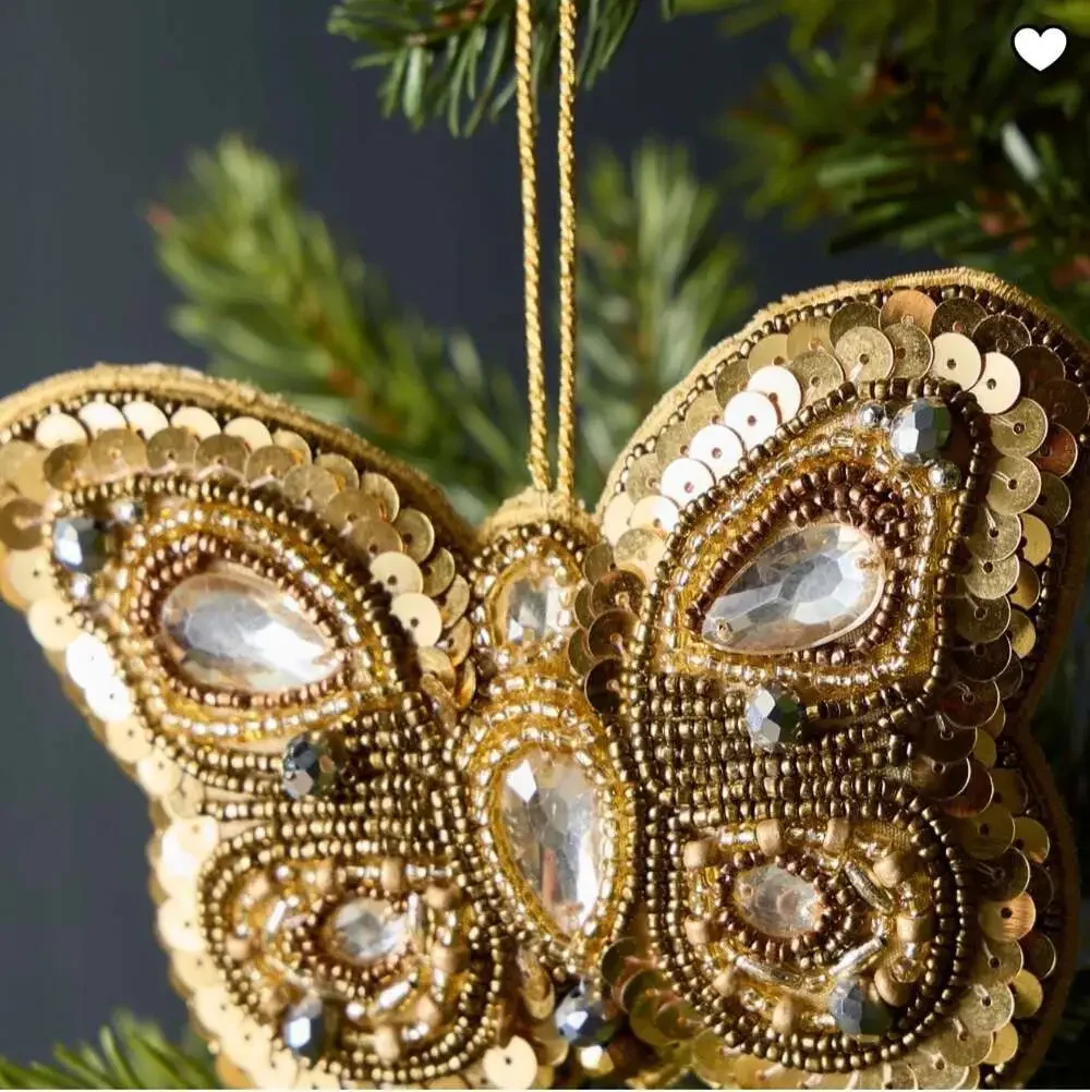 West Elm Beaded Butterfly Christmas Ornament Gold Sequin Rhinestone NEW